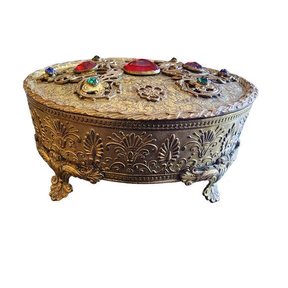 Antique Footed Gilt Bronze Jeweled Velvet Lined Trinket Box (A1717) - Picture 3 of 8